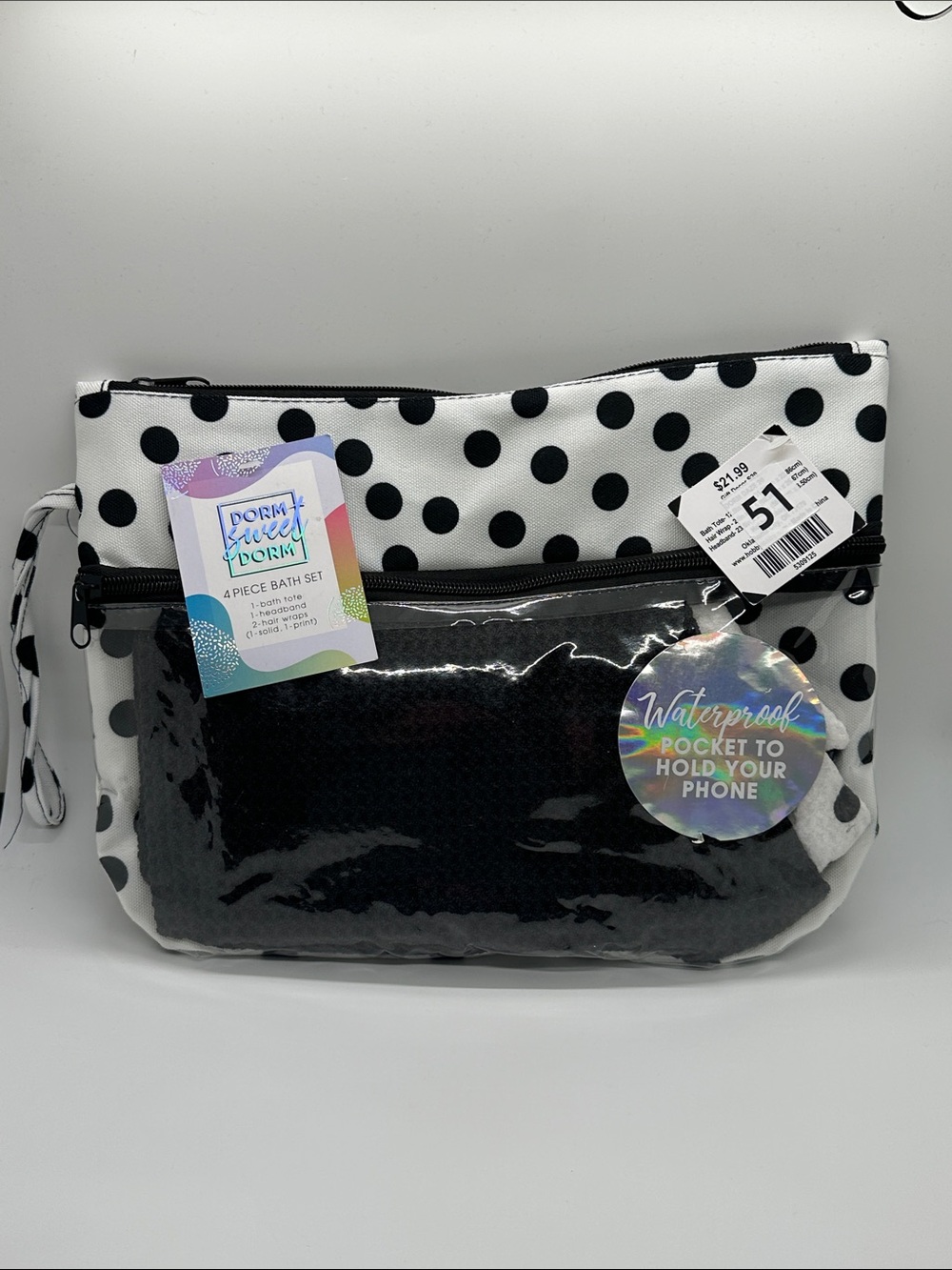 Black & White Polka Dot Cosmetic Bag with Waterproof Phone Pocket